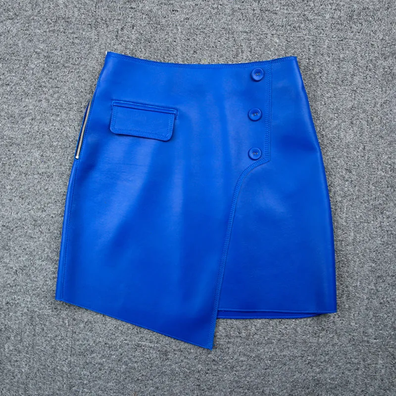 2022 New Women Leather Sheepskin Skirt Versatile Asymmetric Button Pack Hip Skirt Solid Short Dress Autumn Winter TF4796