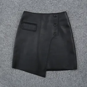 2022 New Women Leather Sheepskin Skirt Versatile Asymmetric Button Pack Hip Skirt Solid Short Dress Autumn Winter TF4796