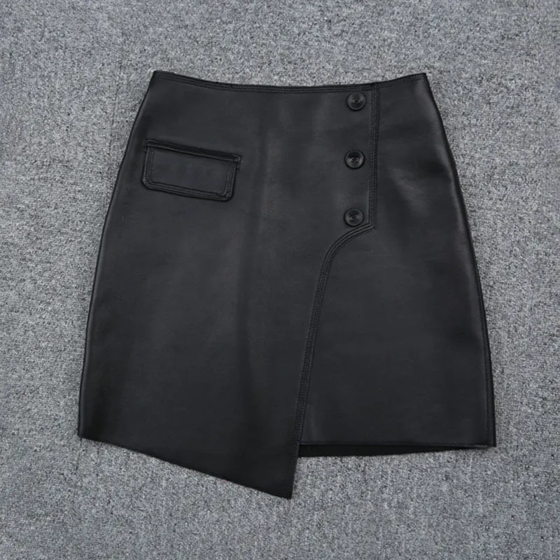 2022 New Women Leather Sheepskin Skirt Versatile Asymmetric Button Pack Hip Skirt Solid Short Dress Autumn Winter TF4796