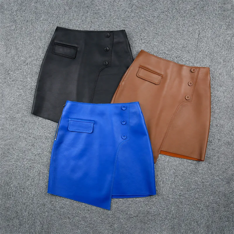 2022 New Women Leather Sheepskin Skirt Versatile Asymmetric Button Pack Hip Skirt Solid Short Dress Autumn Winter TF4796