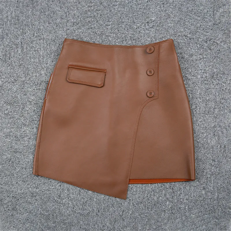 2022 New Women Leather Sheepskin Skirt Versatile Asymmetric Button Pack Hip Skirt Solid Short Dress Autumn Winter TF4796