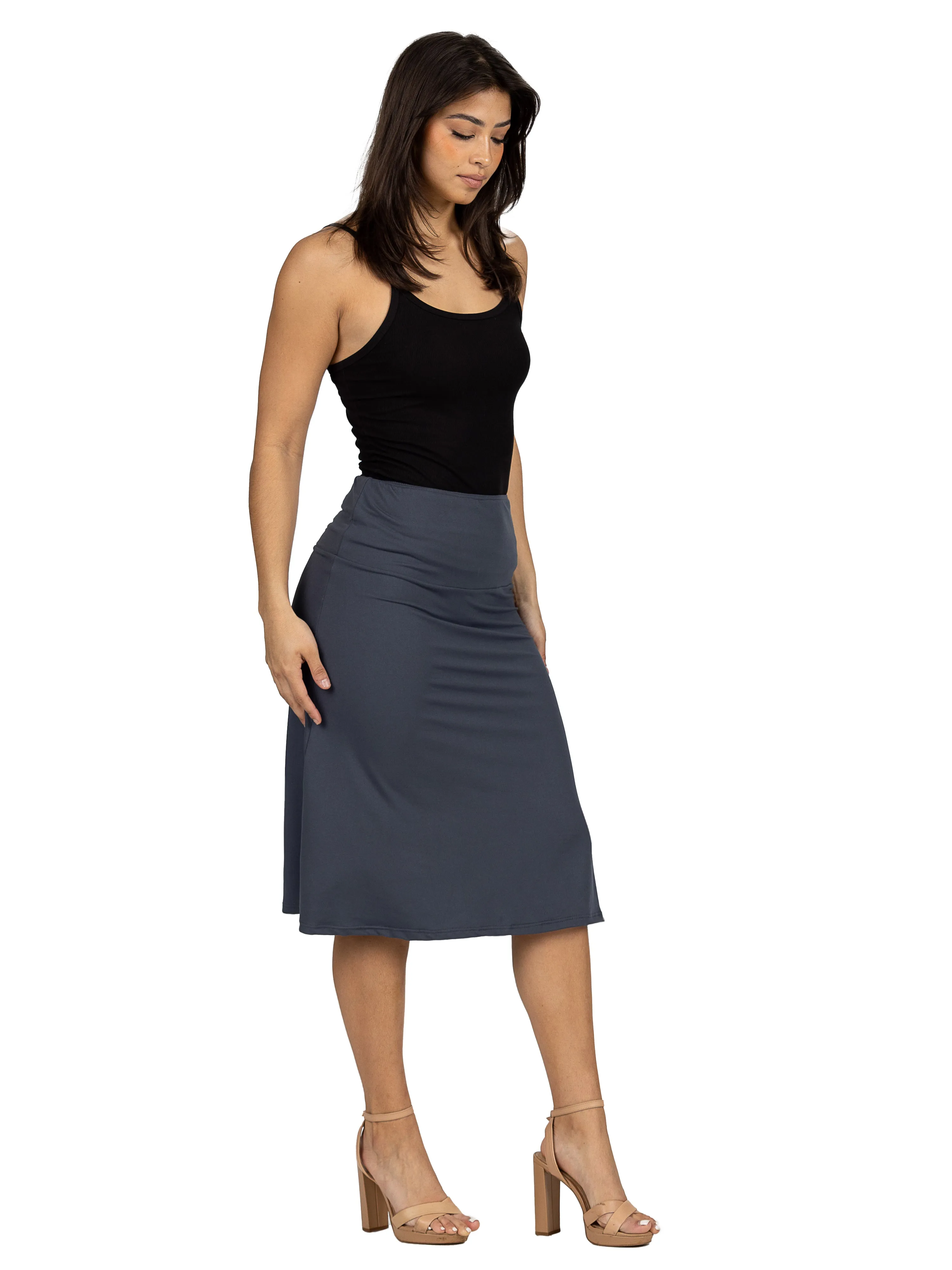 A Line Elastic Waist Knee Length Skirt