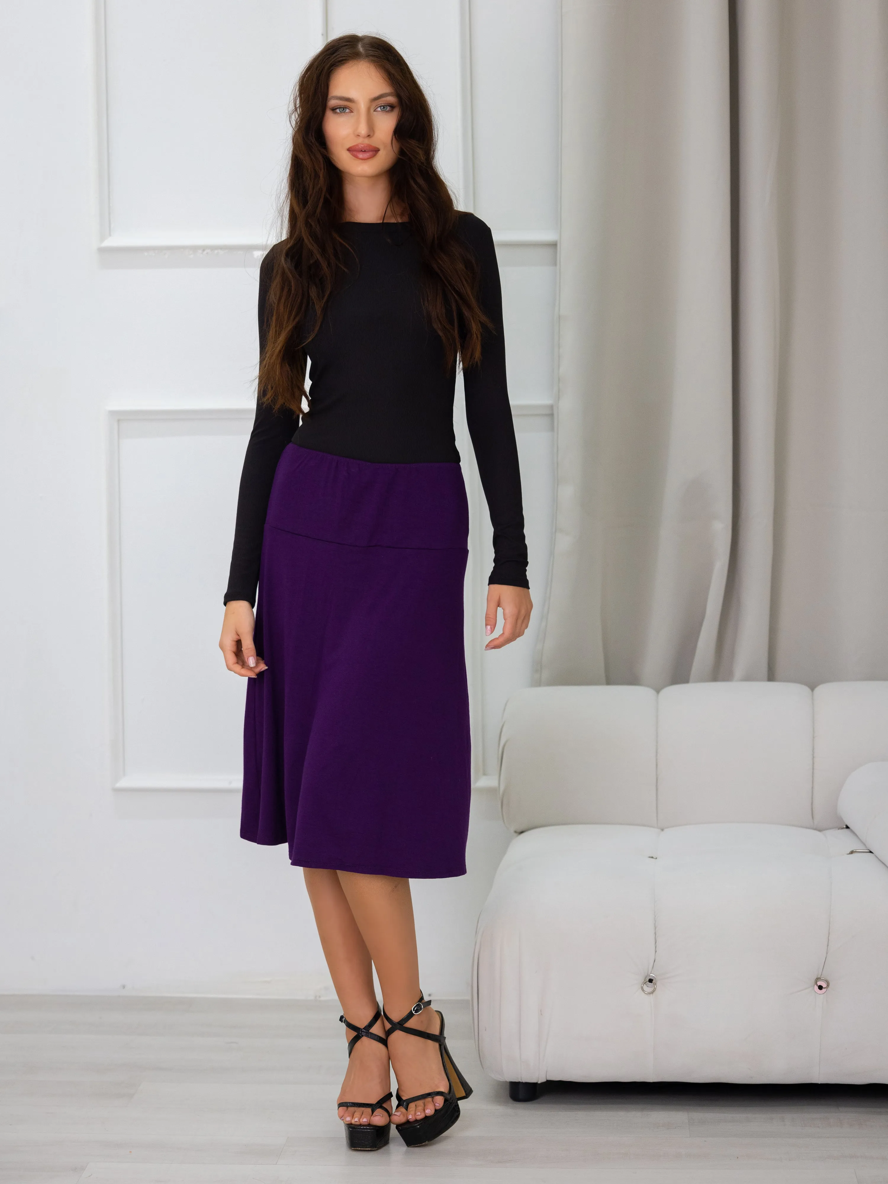 A Line Elastic Waist Knee Length Skirt