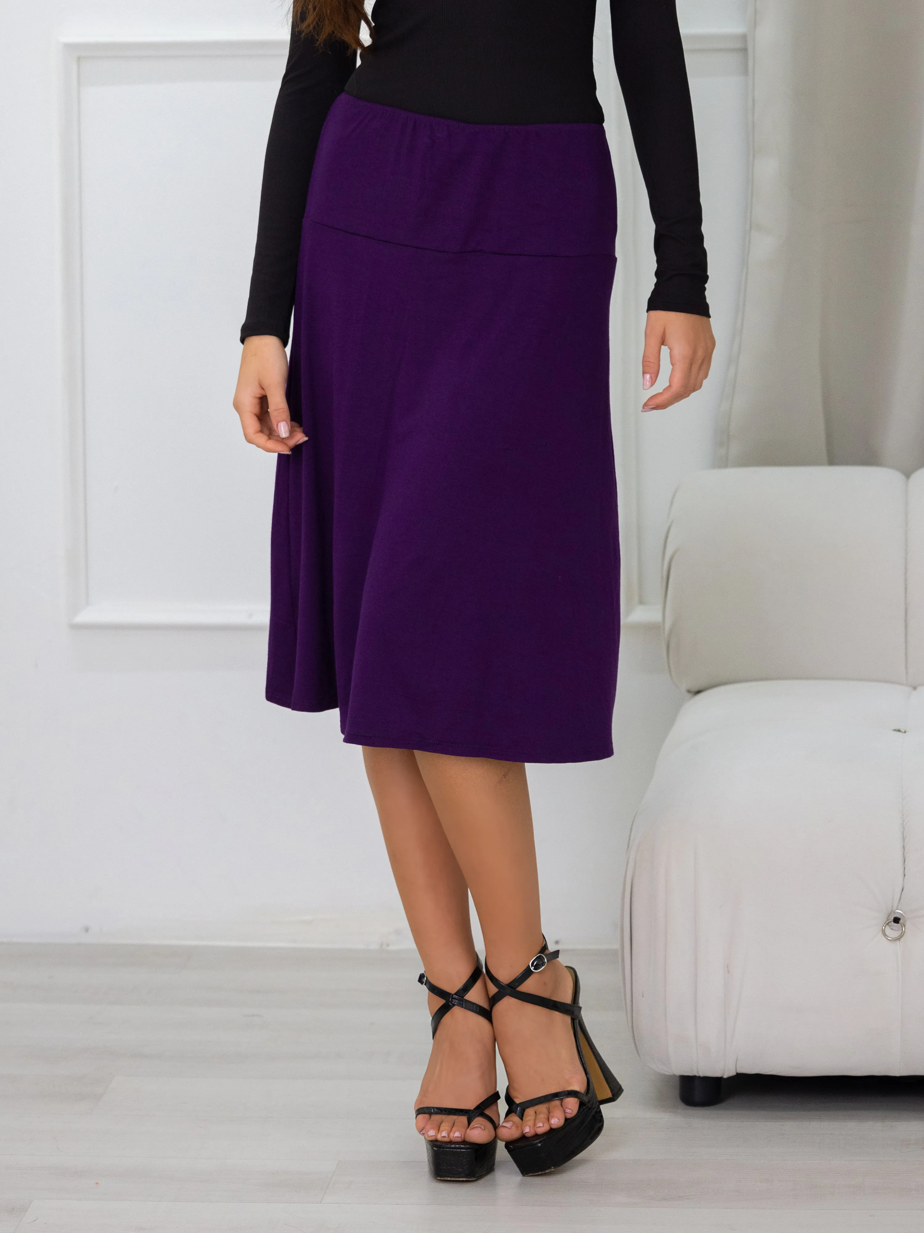 A Line Elastic Waist Knee Length Skirt