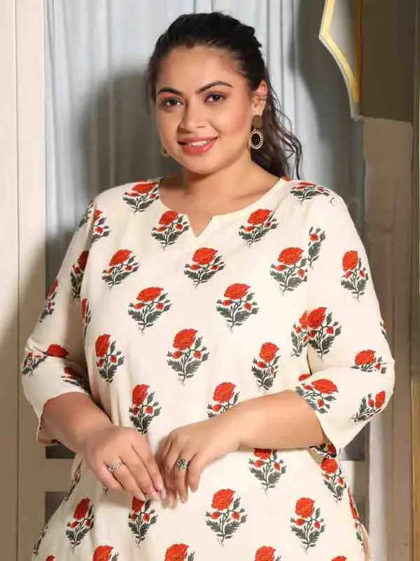 A White Ethnic Print Sleepwear Consist Of Straight Short Kurta & Pajamas