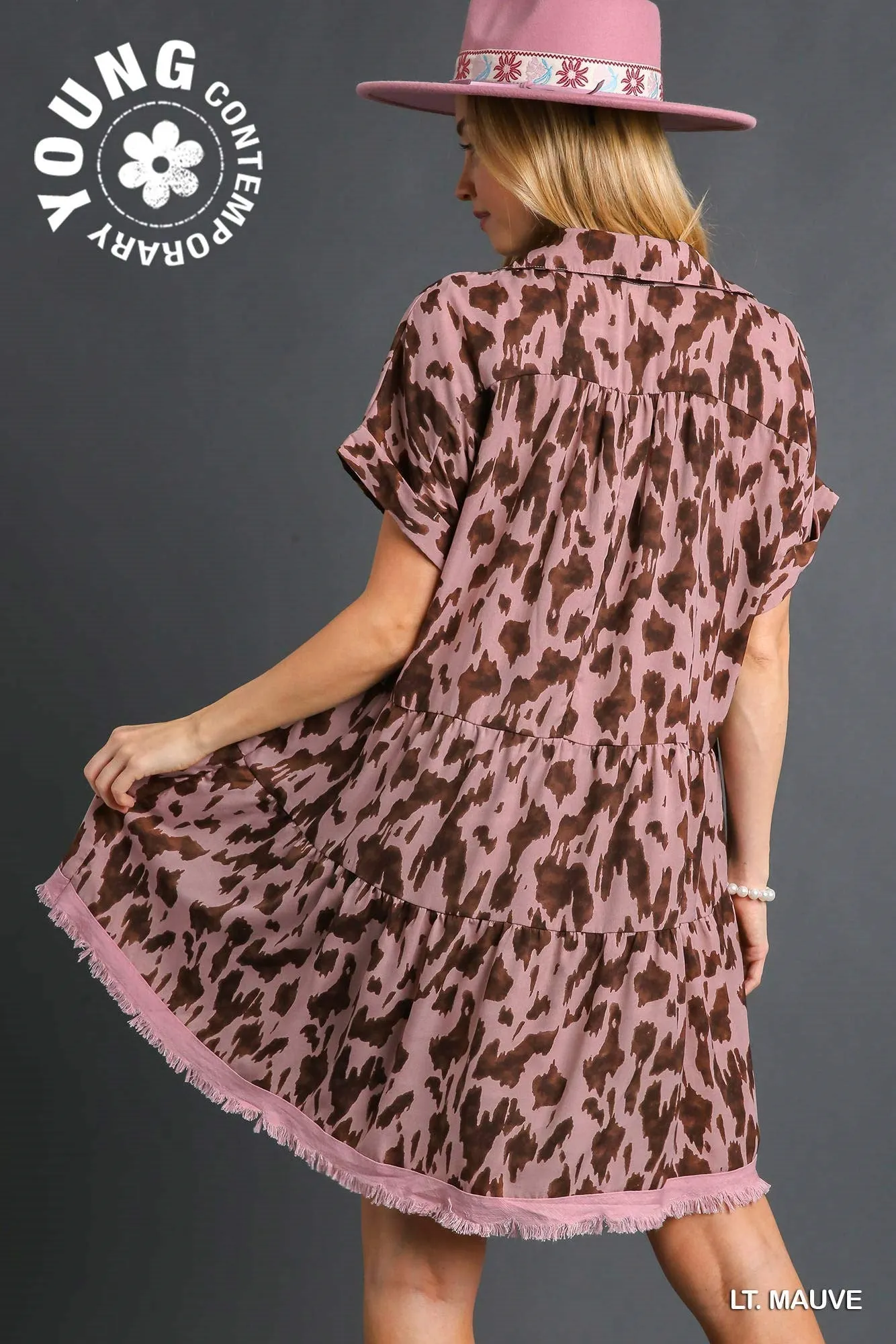 Animal Print Collared Split Neck Tiered