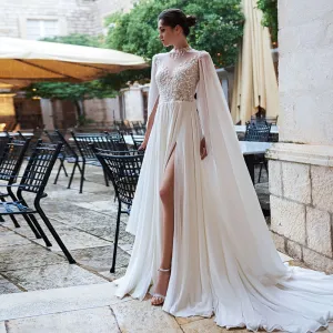 Beading Lace Flowers Chiffon Beach Wedding Dresses