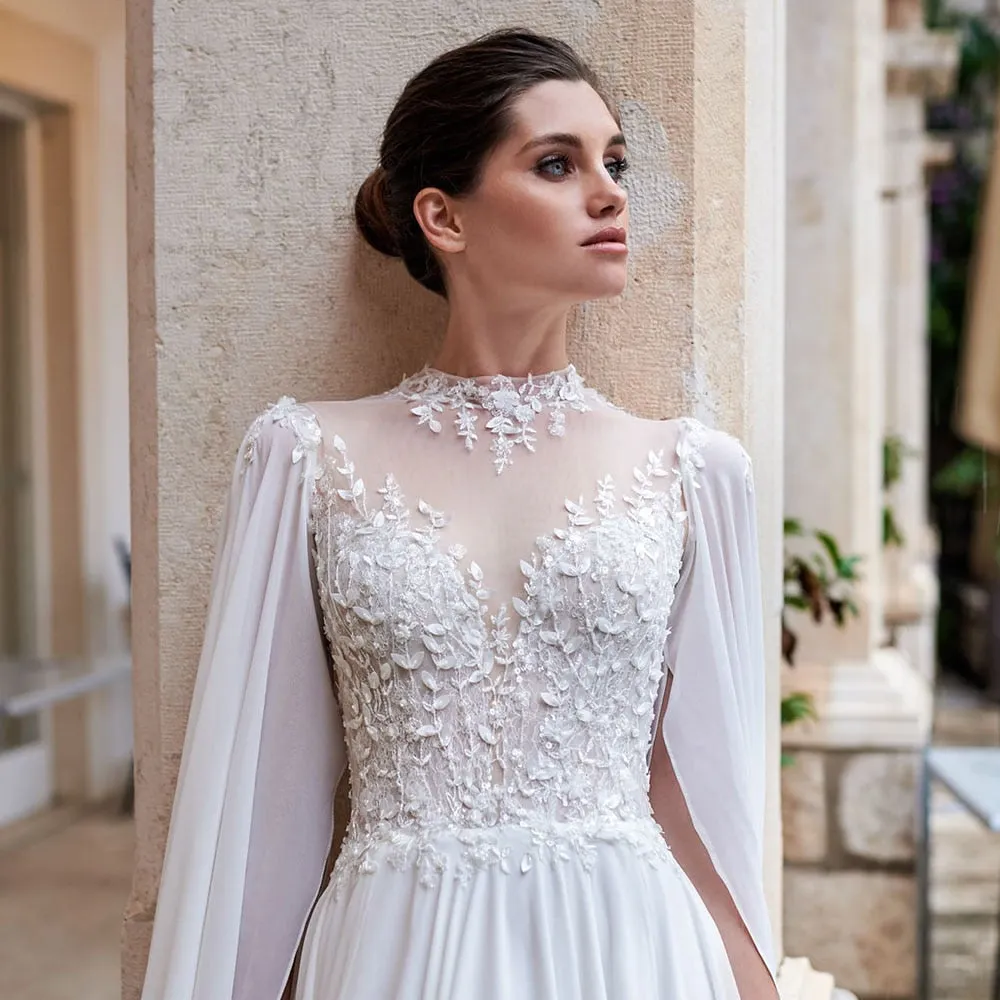 Beading Lace Flowers Chiffon Beach Wedding Dresses