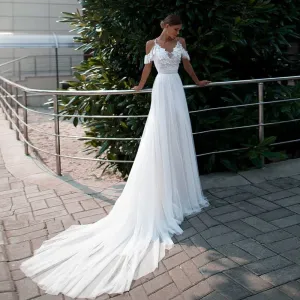 Beading Lace Tulle Flowers Beach Wedding Dresses