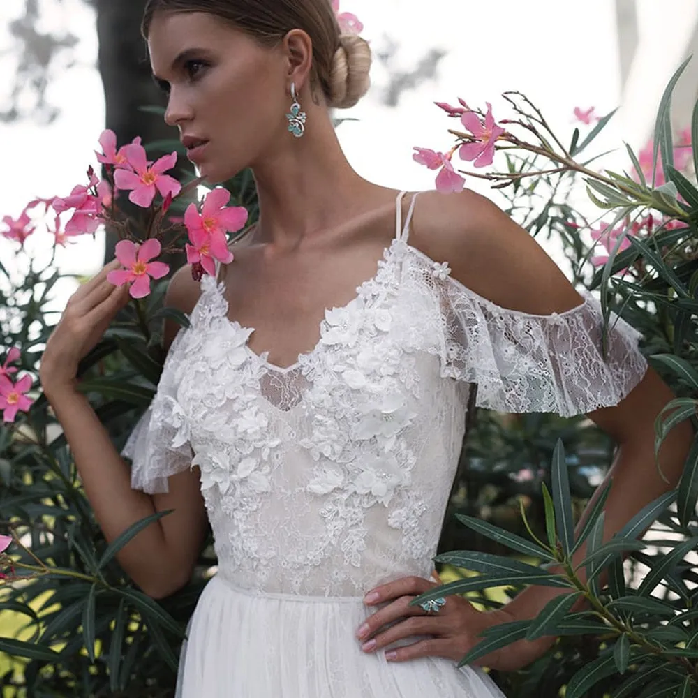 Beading Lace Tulle Flowers Beach Wedding Dresses