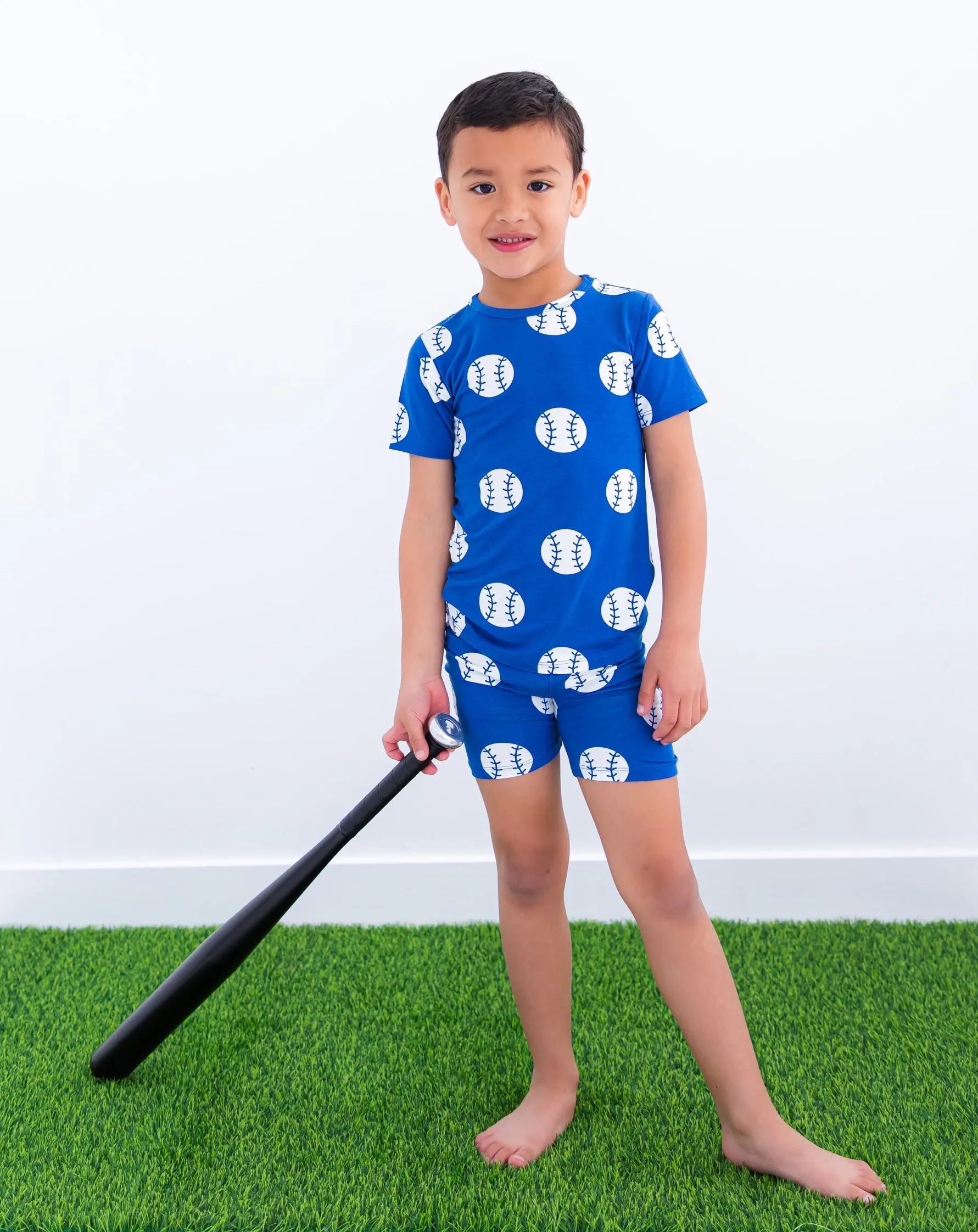 Birdie Bean Blue Baseball Print 2-piece Short Sleeve Kids Pajamas with Shorts