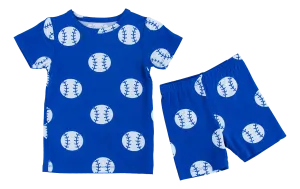 Birdie Bean Blue Baseball Print 2-piece Short Sleeve Kids Pajamas with Shorts