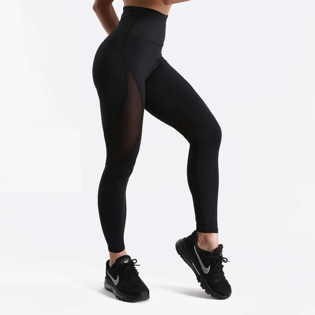 Black fitness leggings with mesh inserts