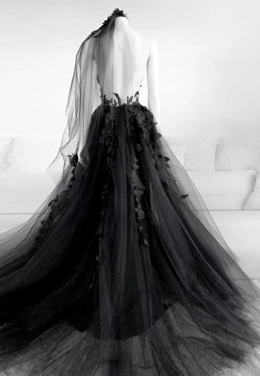 Black Lace Long Prom Dresses, A-Line Backless Evening Dresses