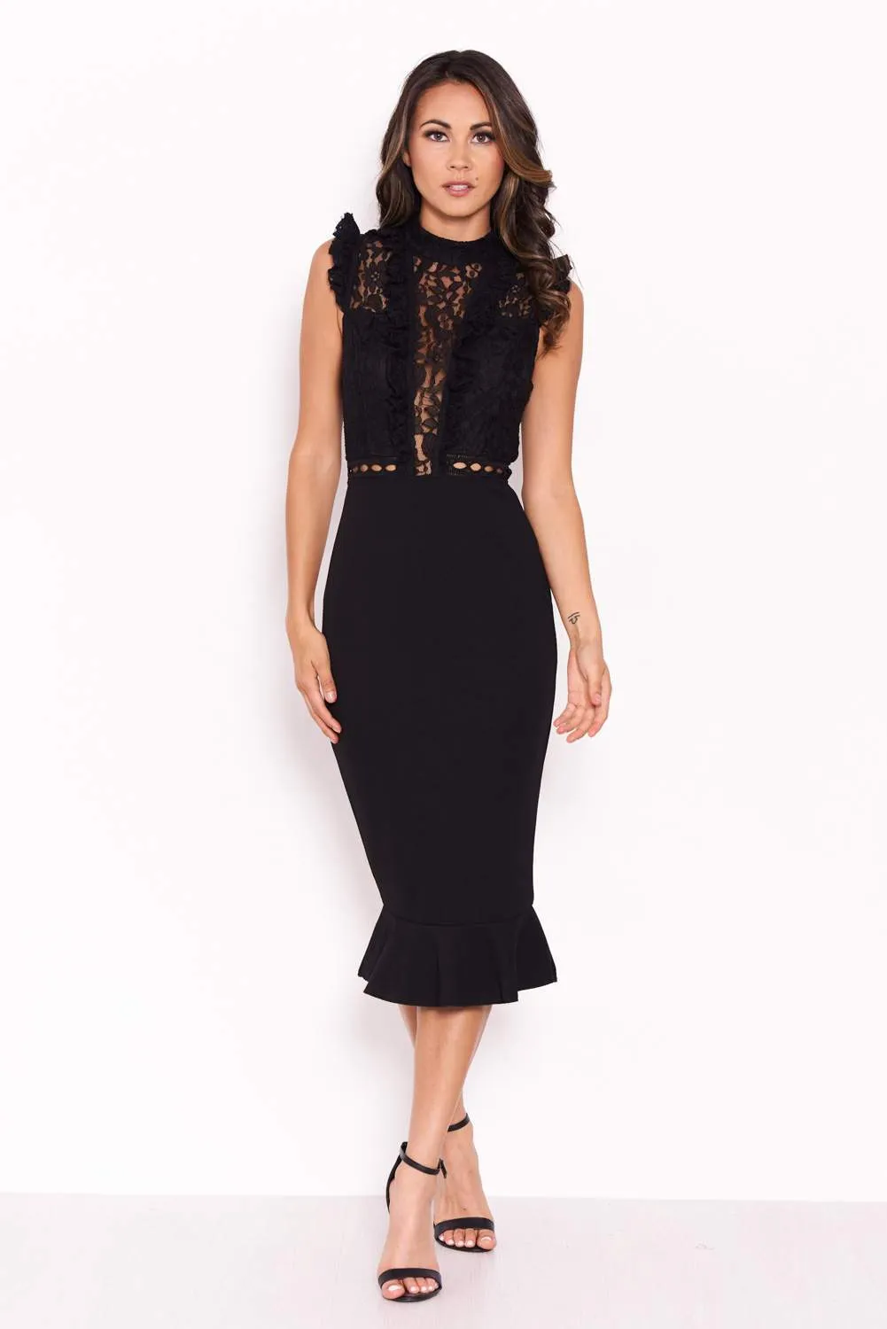 Black Lace Ruffle Hem And Sleeve Dress