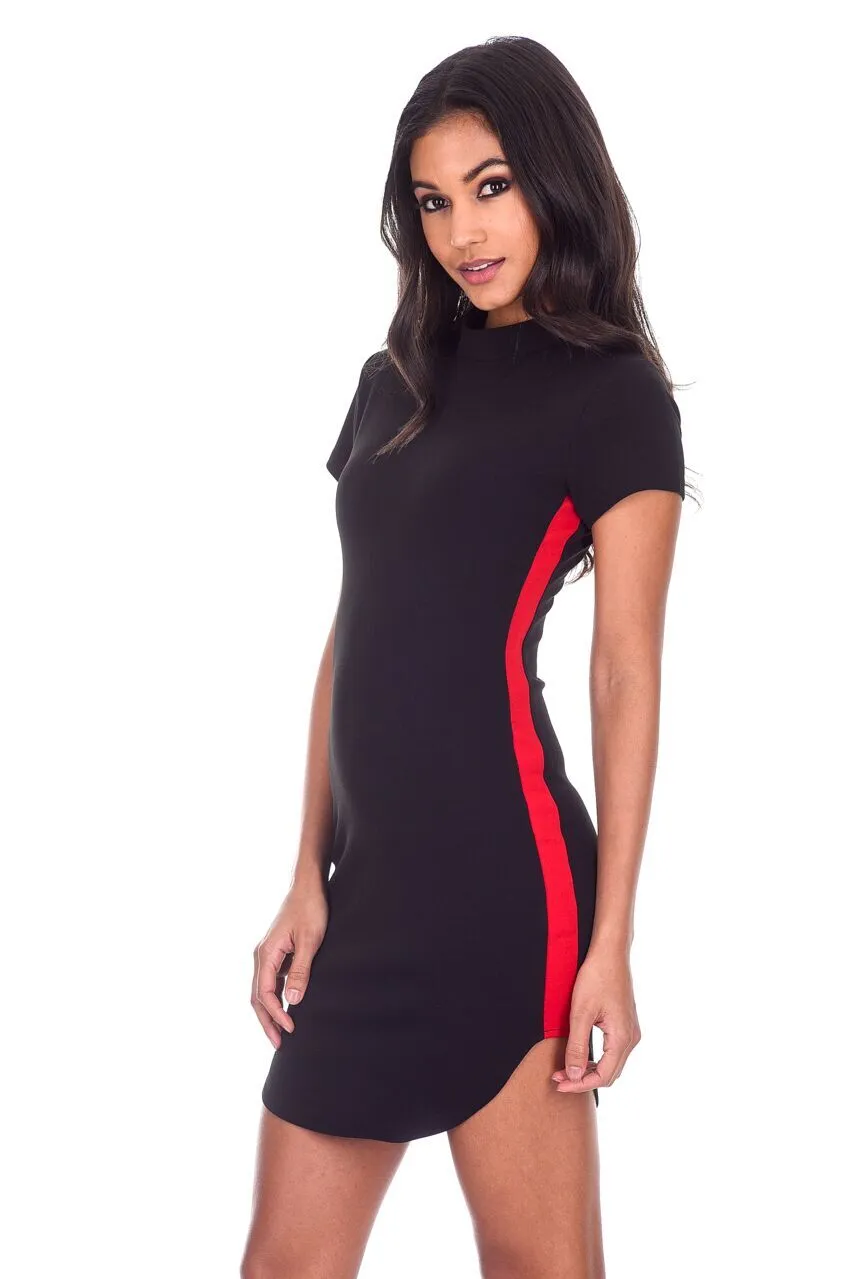 Black Mini Dress With Red Panel Detail