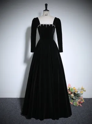 Black Velvet Long Sleeve Backless Crystal Prom Dresses