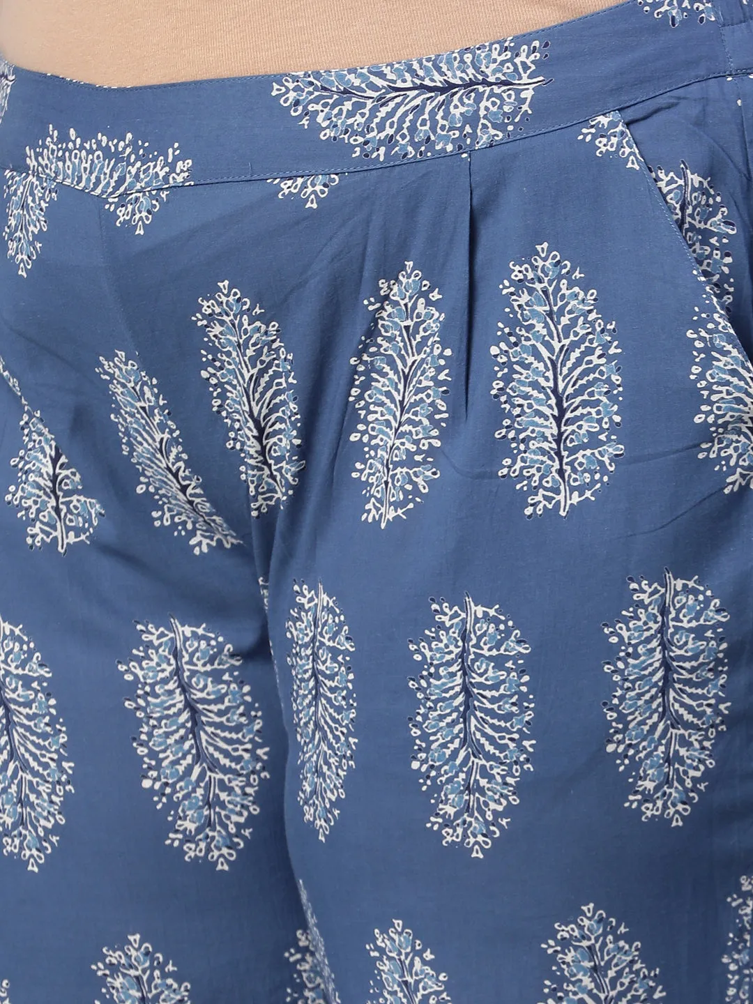 Blue Ethnic Motifs Print Short Cotton Kurta With Pajamas
