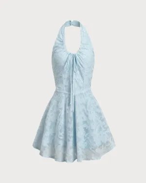 Blue Floral Halter Backless Mini Dress