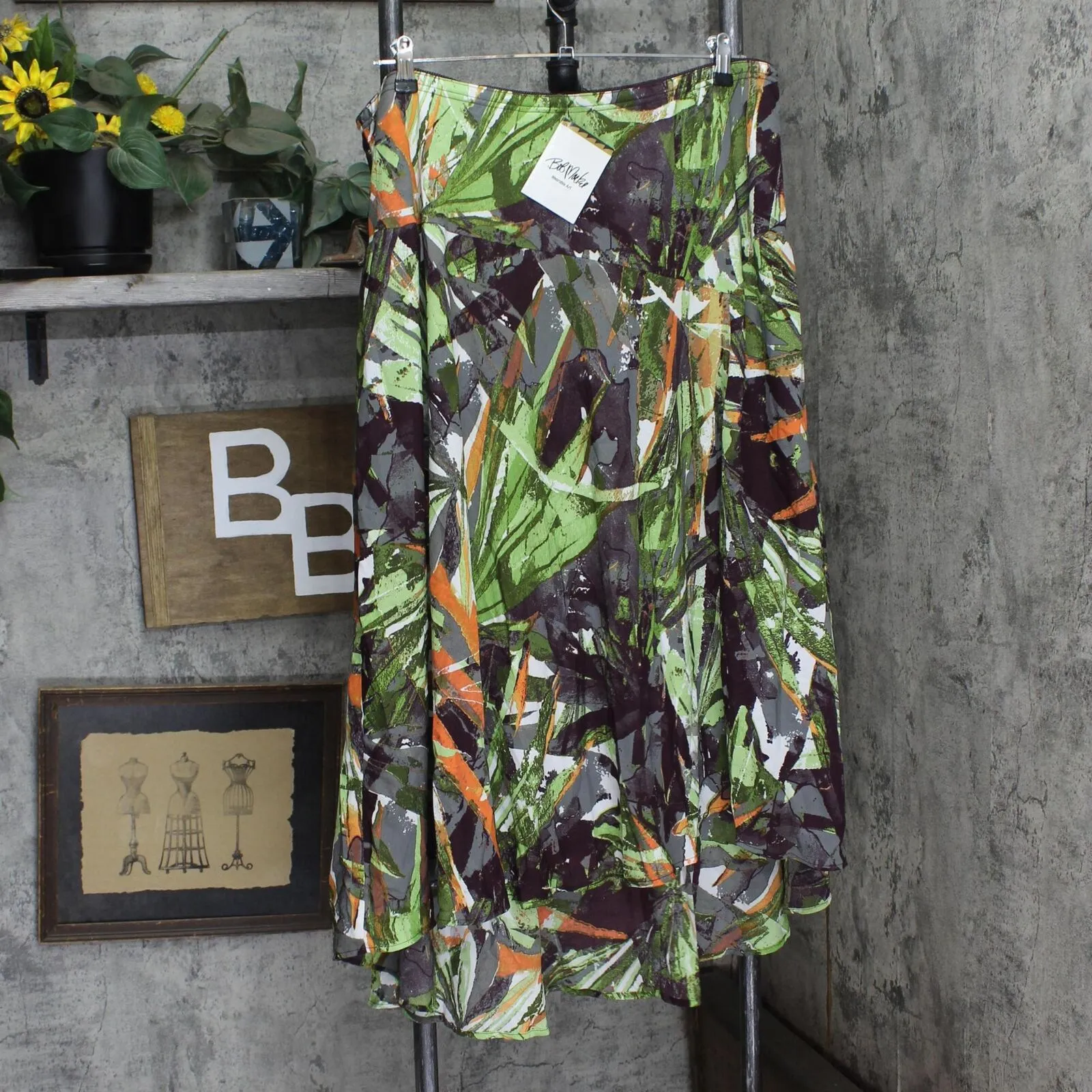 Bob Mackie Womens A-Line Jungle Print Woven Hi-Low Skirt Olive Multi Green 2X