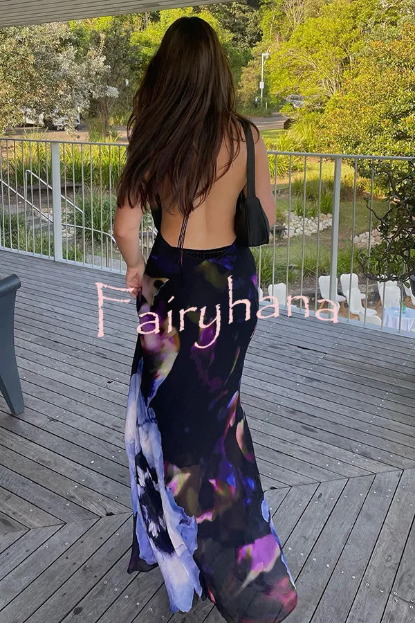 Bold and Sexy Tie-dye Abstract Floral Halter Drape Neck Backless Maxi Dress