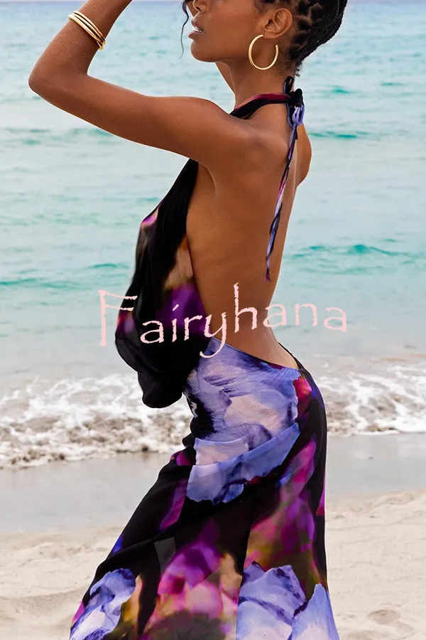 Bold and Sexy Tie-dye Abstract Floral Halter Drape Neck Backless Maxi Dress
