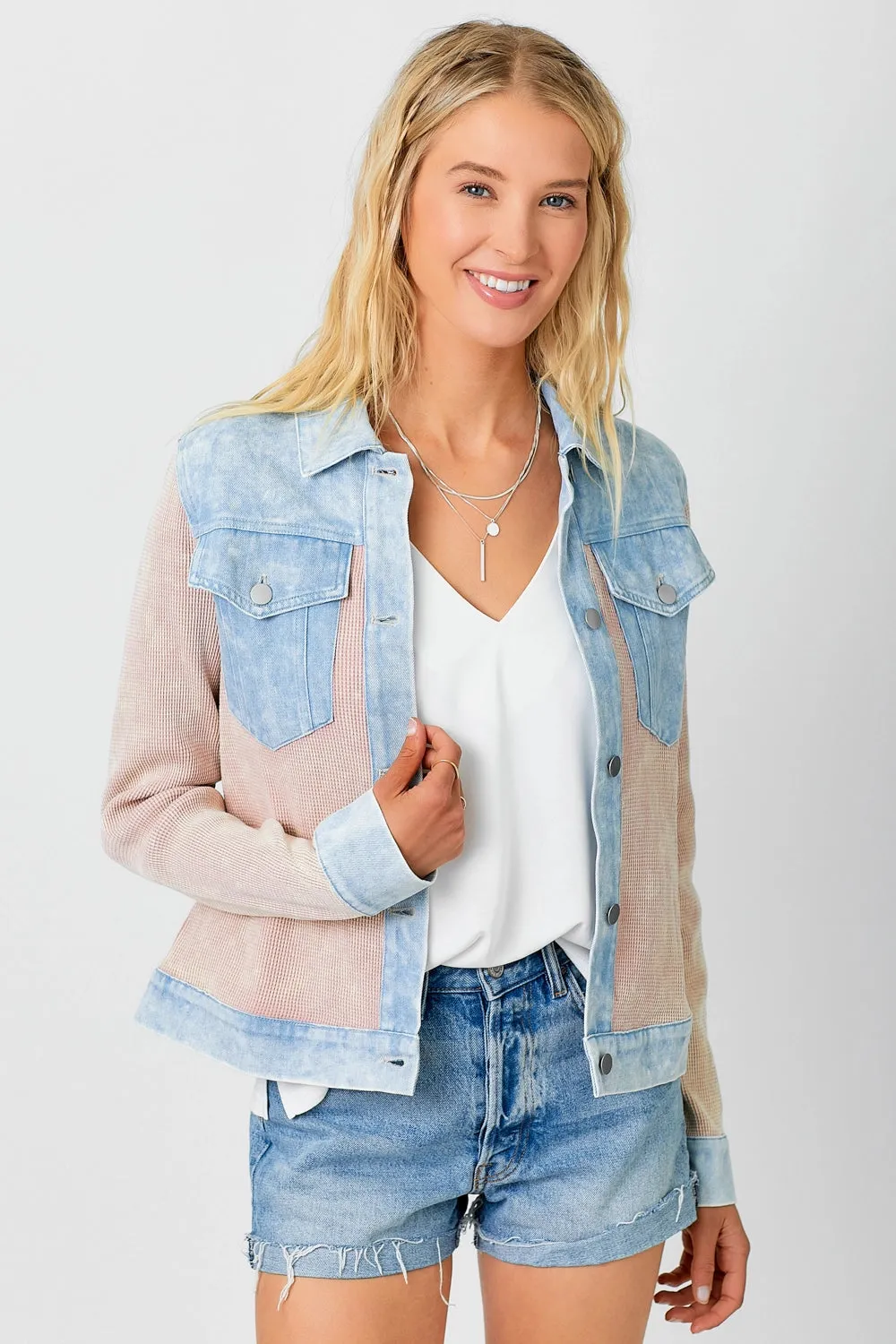 Boxy Peach Thermal and Lightwash Denim Jacket