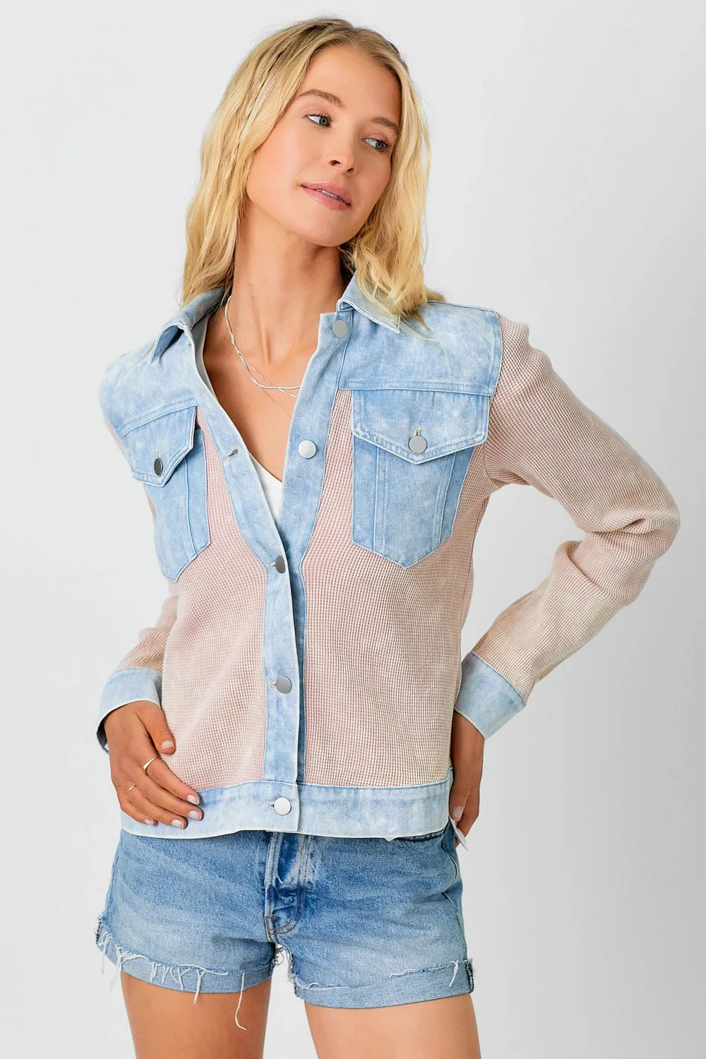 Boxy Peach Thermal and Lightwash Denim Jacket