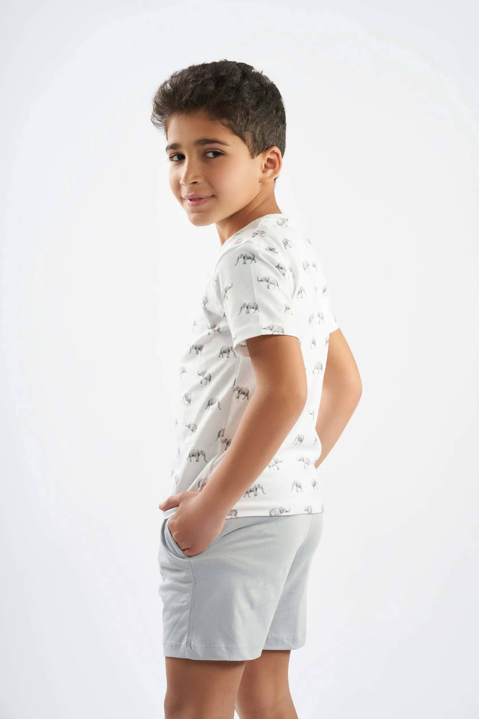 Boys Elephant Print Black Top & Solid Short Pajamas