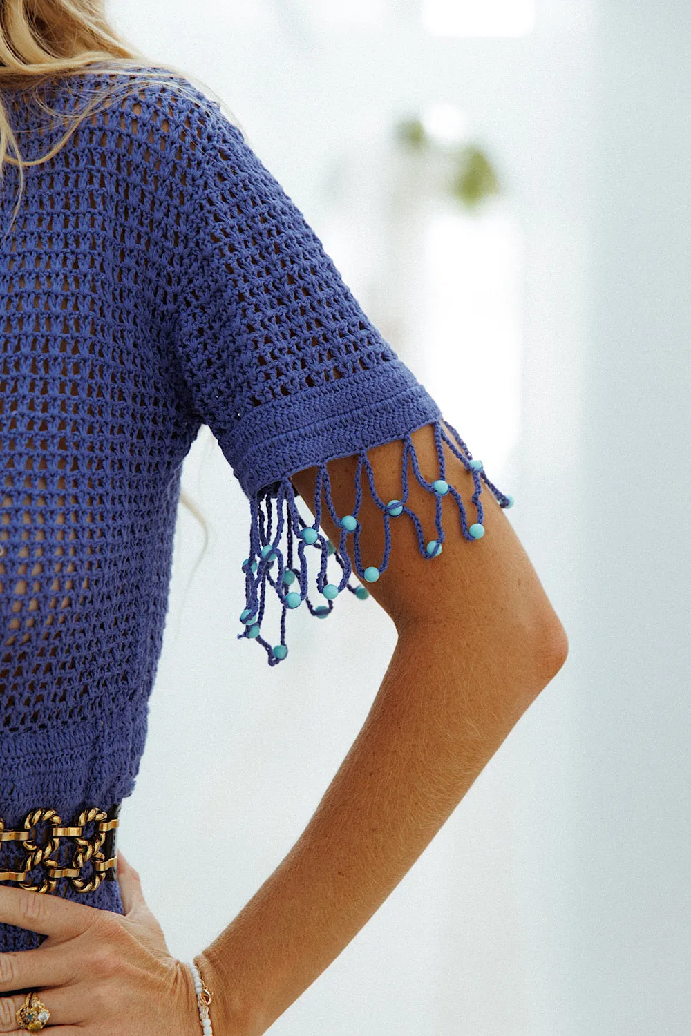 California Blue Crochet   Beaded Mini Dress