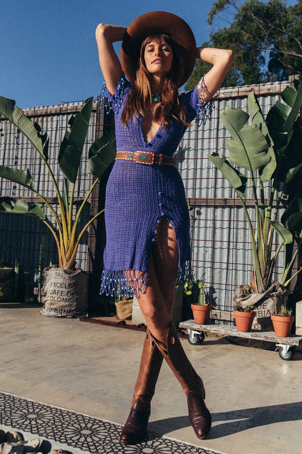 California Blue Crochet   Beaded Mini Dress