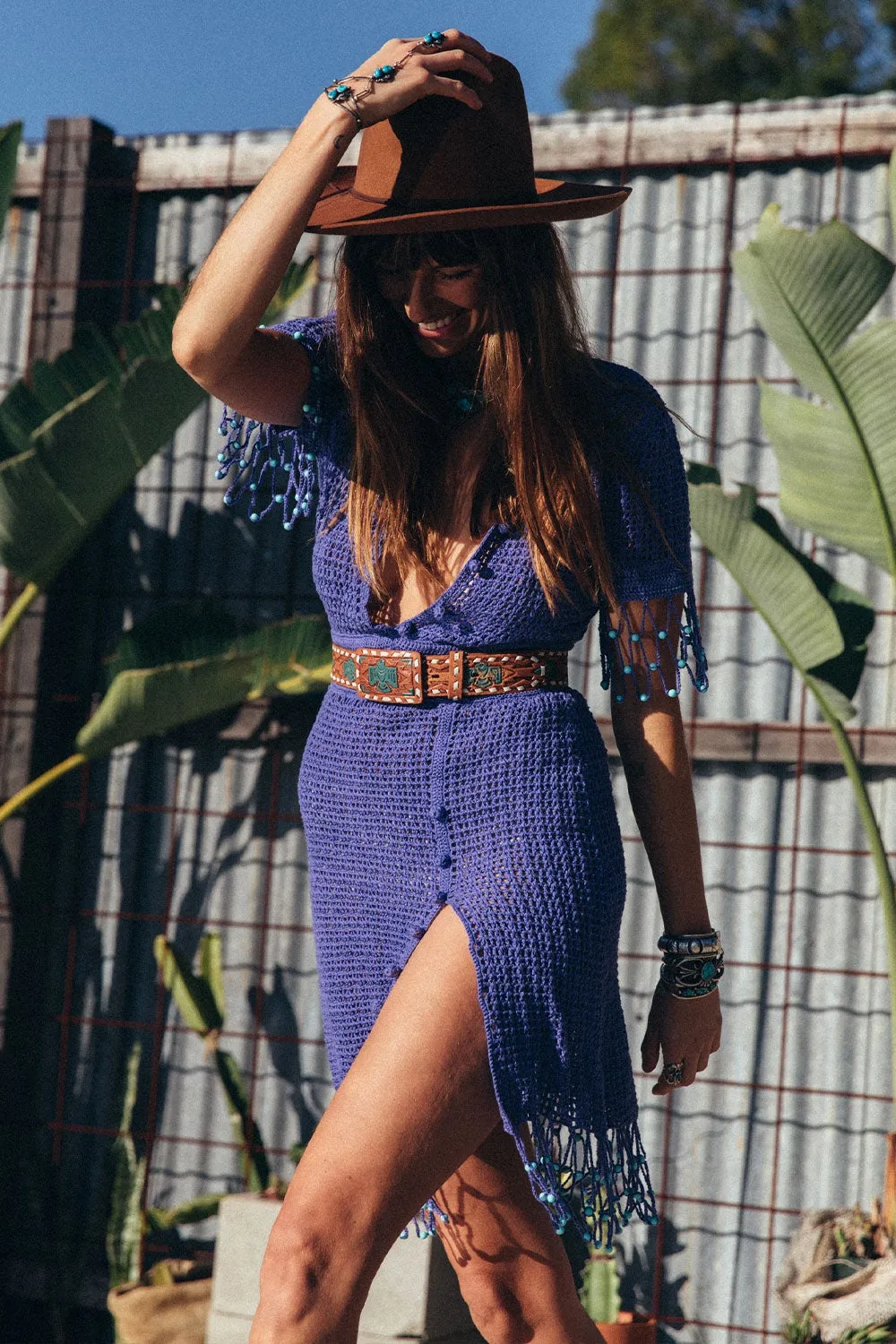 California Blue Crochet   Beaded Mini Dress