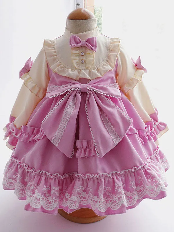 Children's Sweet Lolita Dress Headwear Pink Lace Bows Polyester Long Sleeve Kids One Piece Dress