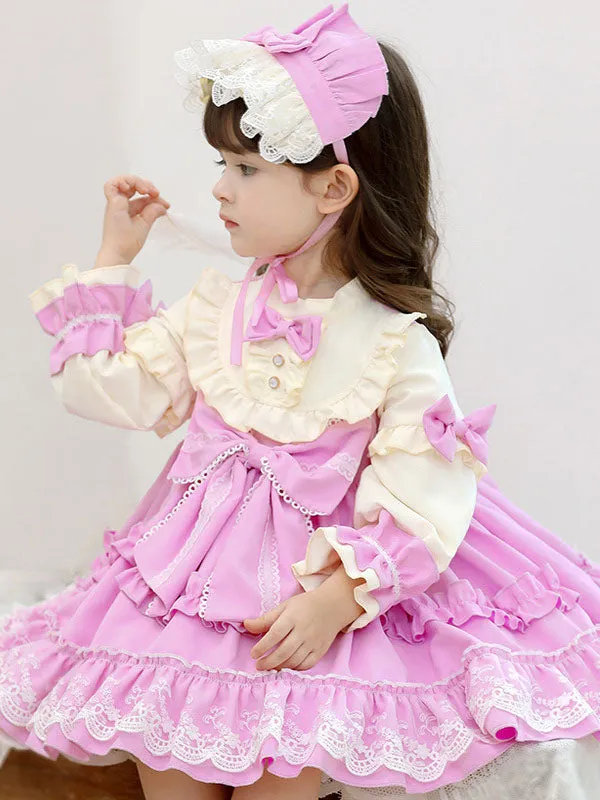 Children's Sweet Lolita Dress Headwear Pink Lace Bows Polyester Long Sleeve Kids One Piece Dress