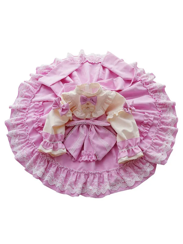 Children's Sweet Lolita Dress Headwear Pink Lace Bows Polyester Long Sleeve Kids One Piece Dress
