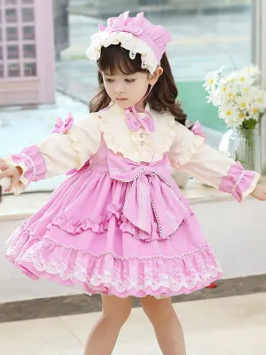 Children's Sweet Lolita Dress Headwear Pink Lace Bows Polyester Long Sleeve Kids One Piece Dress