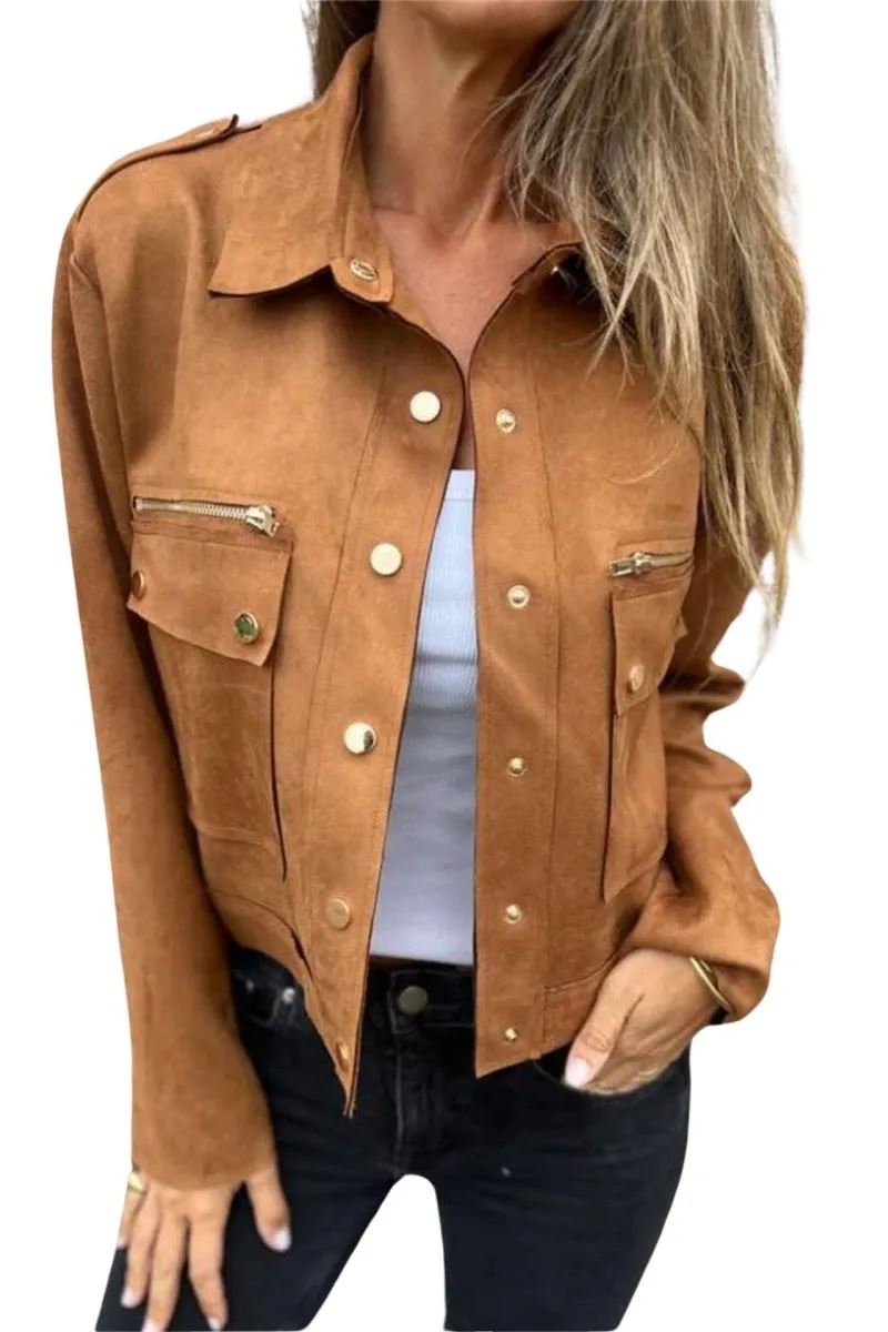 Chouyatou Womens Cropped Suede Leather Jacket Fashion Motorcycle Bomber Jackets Fall Winter Coats for Women 2025