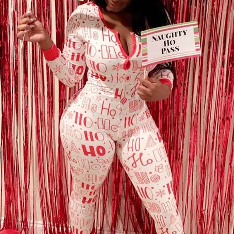 Christmas Letter Print Button Design Long Sleeve Jumpsuit Pajama