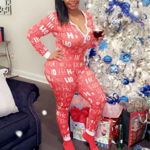 Christmas Letter Print Button Design Long Sleeve Jumpsuit Pajama