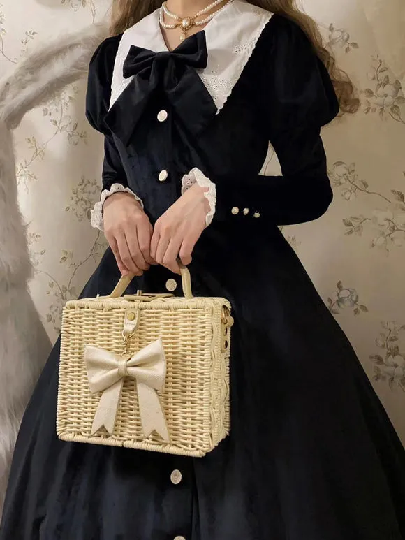 Classical Lolita Dress Velour Short Sleeves Color Block Lolita Dresses Classic Deep Blue