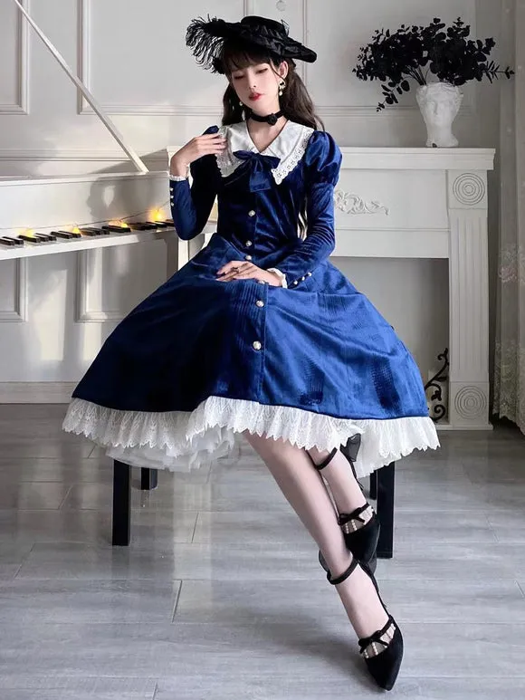 Classical Lolita Dress Velour Short Sleeves Color Block Lolita Dresses Classic Deep Blue