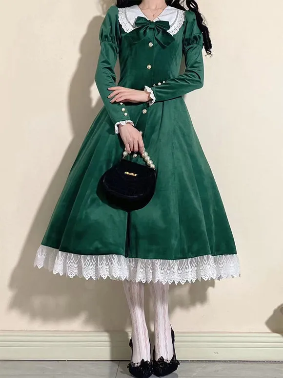 Classical Lolita Dress Velour Short Sleeves Color Block Lolita Dresses Classic Deep Blue