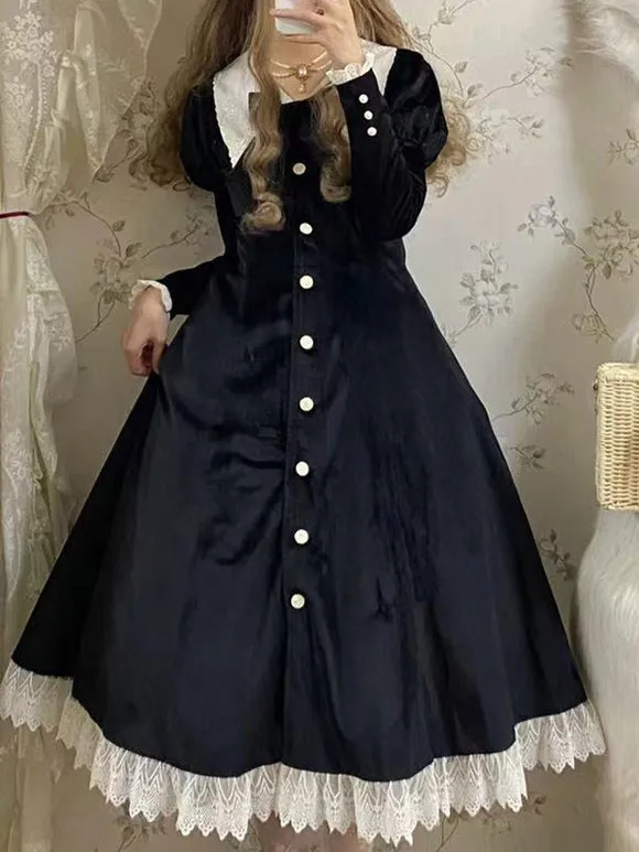 Classical Lolita Dress Velour Short Sleeves Color Block Lolita Dresses Classic Deep Blue