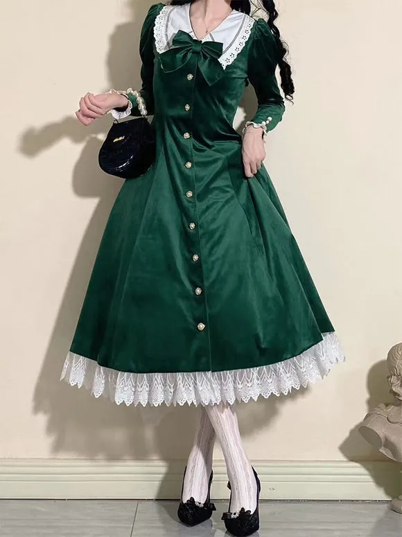Classical Lolita Dress Velour Short Sleeves Color Block Lolita Dresses Classic Deep Blue
