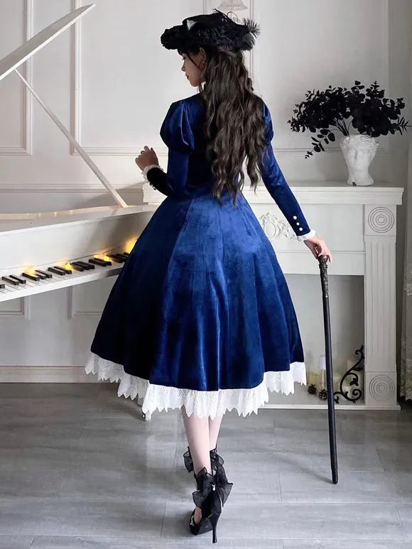 Classical Lolita Dress Velour Short Sleeves Color Block Lolita Dresses Classic Deep Blue