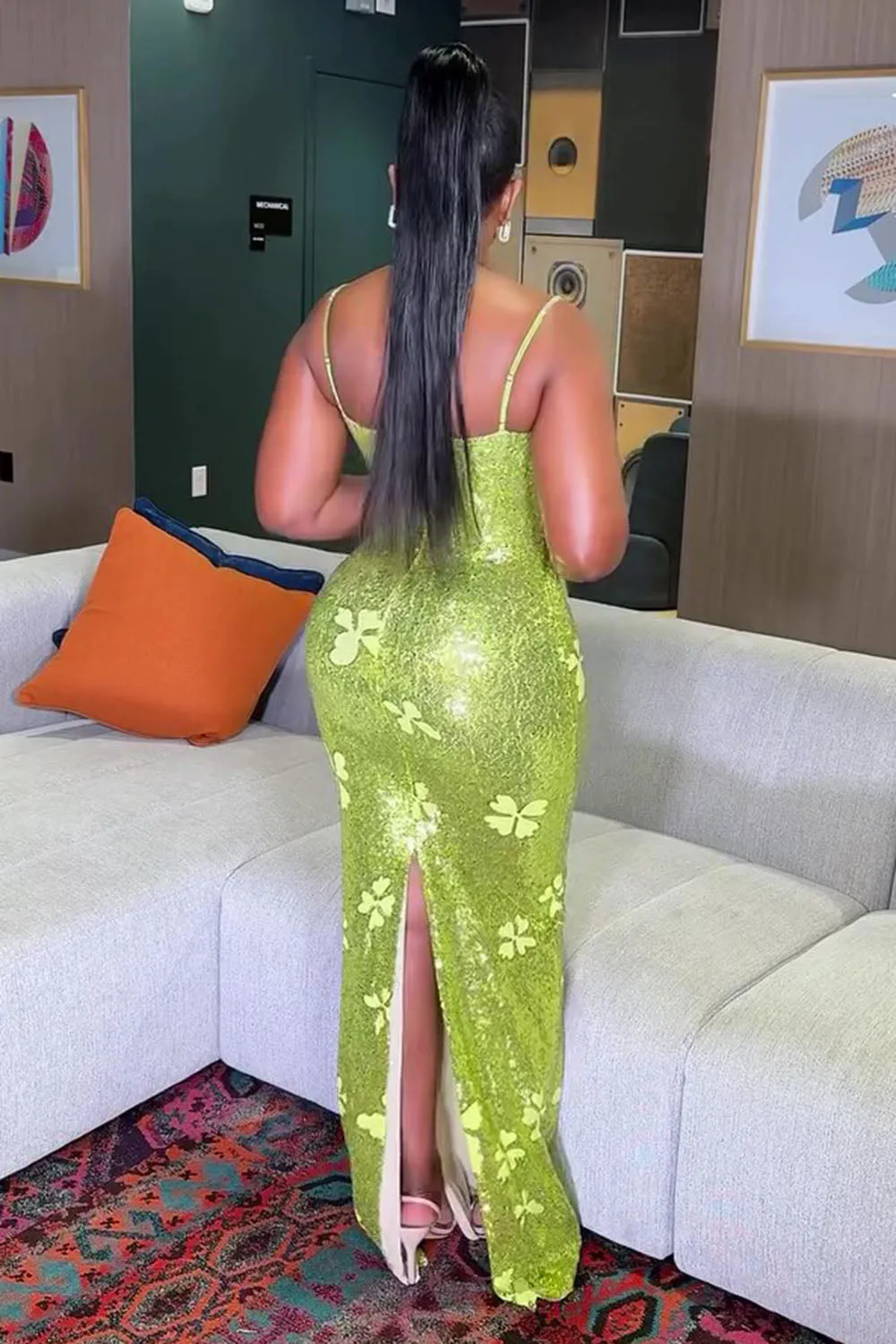 Clover Decor Sequin Slim-Fit Slit Party Maxi Slip Dresses-Green [Pre Order]