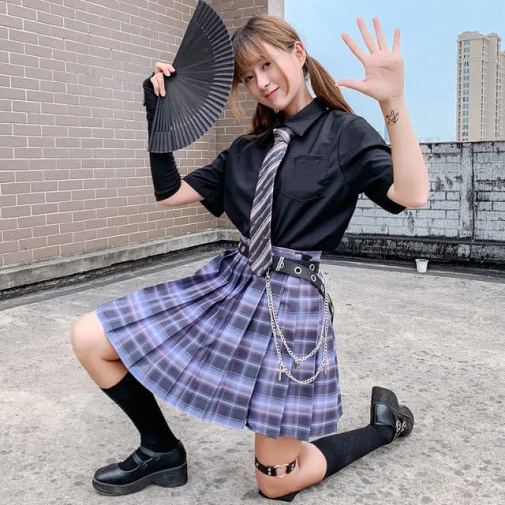 ContiNent 33 Women Jk Skirts High Waist Students School Uniform Pleated A-Line Mini Plaid