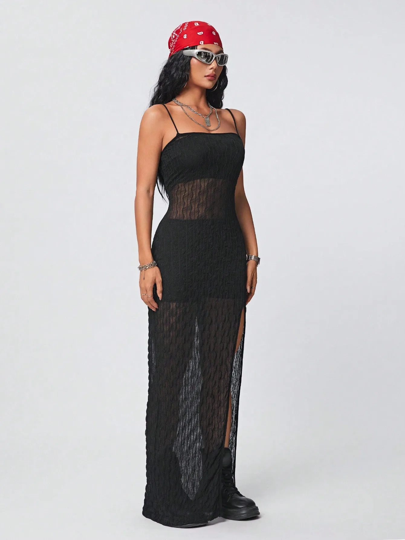 Coolane Women's Sheer Lace Halterneck Maxi Slip Dress With High Split For Spring And Summer Wear