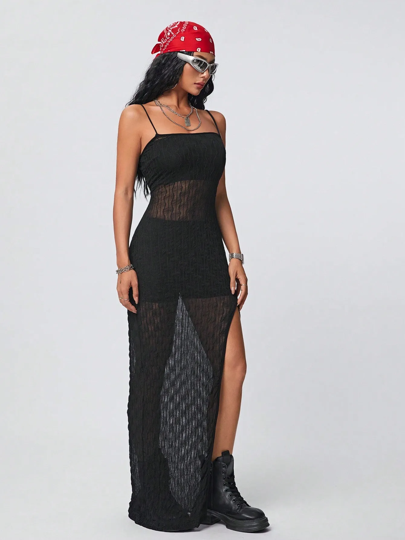 Coolane Women's Sheer Lace Halterneck Maxi Slip Dress With High Split For Spring And Summer Wear