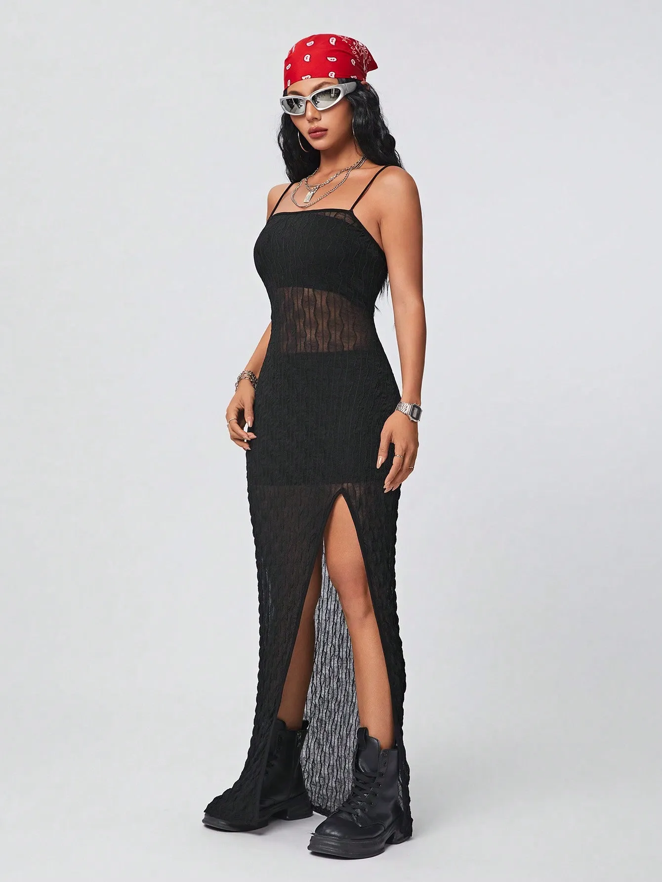 Coolane Women's Sheer Lace Halterneck Maxi Slip Dress With High Split For Spring And Summer Wear